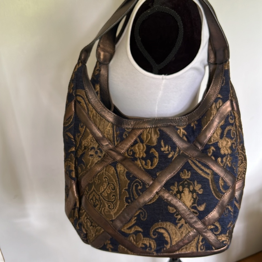 Chi by Carlos Falchi Navy & Gold Tapestry Luxe Boho Hobo w/ Bronze Leather Trim